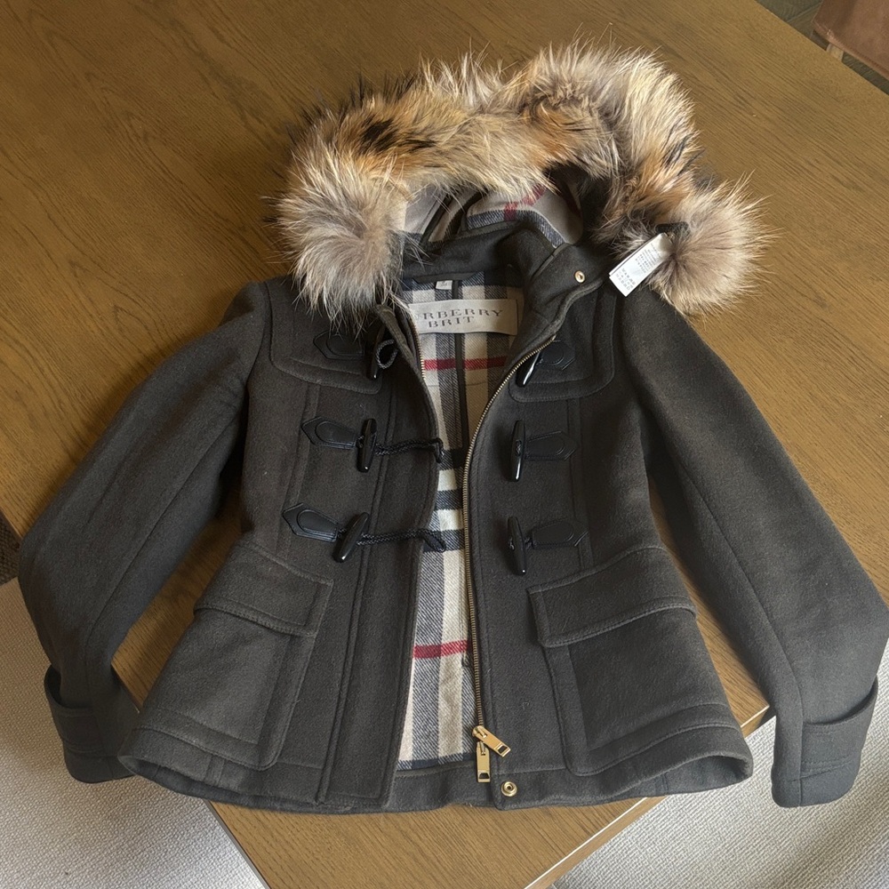 Burberry Wool Coat with Fur-Trimmed Hood - Olive